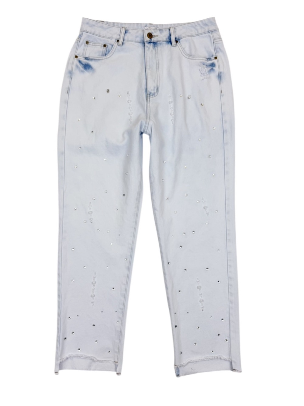 Venus High Rise Straight Leg Beaded Rhinestone Jeans Light Blue White Size 14